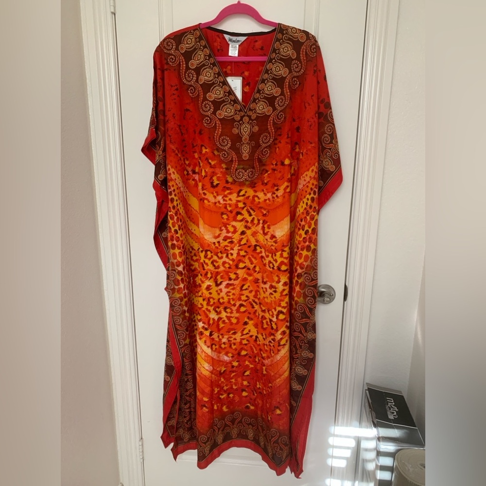 NWT Winlar Vibrant African Print Caftan Red Orange One Size